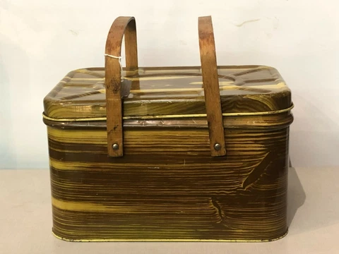 Vintage Brown Faux Wood Grain Metal Picnic Basket Box W/ Wood Handles Storage (B Cover