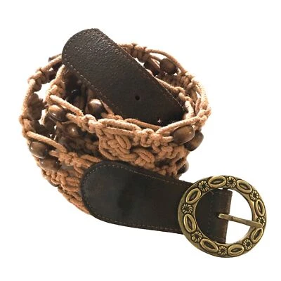 Boho Macrame Belt Wood Beads Brass Buckle Large Italian Leather - Image 1 of 4
