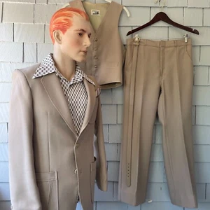70s Vintage Angels Flight Tan Polyester Mens 4pc Swanky Disco Suit Size 38L - Picture 1 of 14
