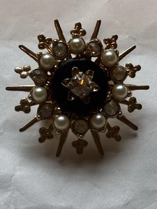 Broche vintage EMJ EMMONS imitación perla estrás cabujón negro Starburst - Imagen 1 de 5