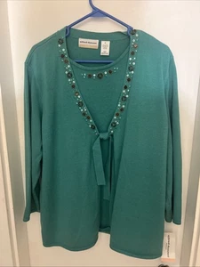 Neu mit Etikett Alfred Dunner Damen-Cardigan grün Tank Pullover Set Perlen Größe 2X  - Bild 1 von 5