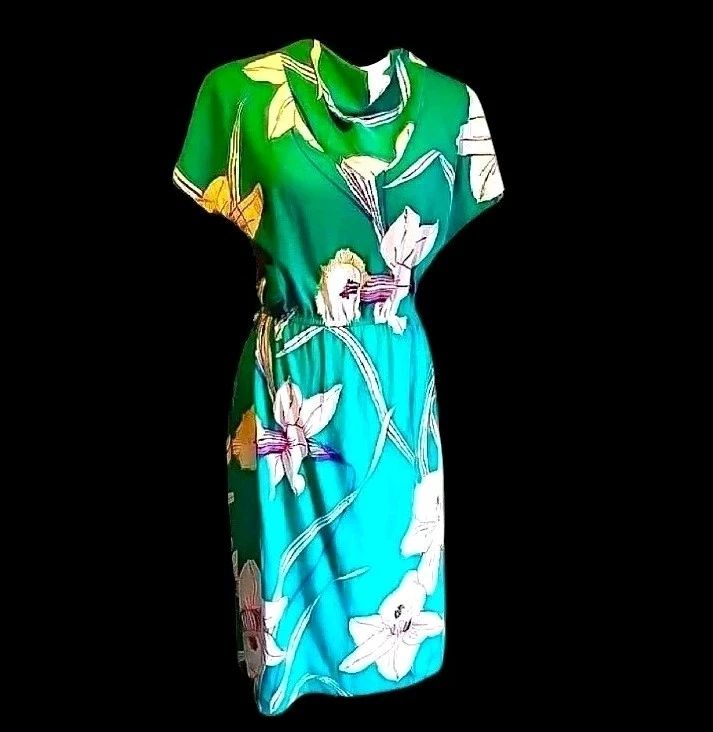 VTG 70s Soft Jersey Semi Fitted Bright Florals Midi Beach, Poolside Dress S - Image 1 of 4