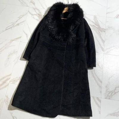 Mayu Alpaca Long Coat with Black Raccoon Fur Trim Size 11AR L Black FROM JAPAN - Image 1 of 4