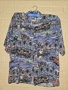 Camisa Reyn Spooner Art Of Eddy Y Hot Rod Cars Talla XL Rayón Vacaciones Palmeras - Imagen 1 de 5