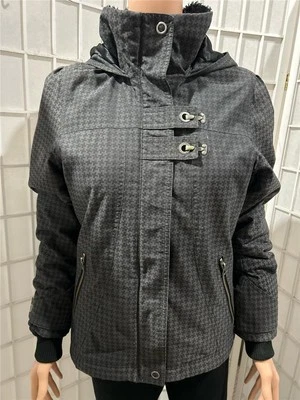 Chaqueta para mujer Columbia pequeña gris a cuadros con capucha a prueba de viento y cremallera Foto 1 de 4