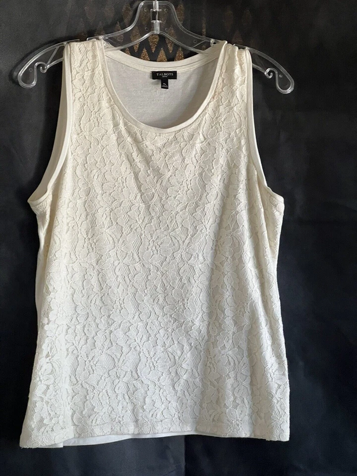 Top de encaje Talbots crema de encaje sin mangas blanco roto cuello redondo talla Petite Médium Foto 1 de 4