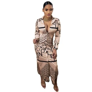 CLEARANCE - Size XXL - Letter Print Turndown Collar Long Sleeve Maxi Dress - Imagen 1 de 15