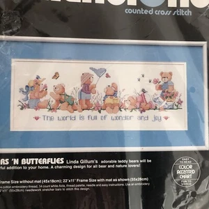 1988 Dimensions Cross Stitch Bears N’ Butterflies by Linda Gillum 14"x10" NOS - Picture 1 of 12