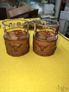 Vintage Bamco Western Cattle Whiskey Glass Leather Holder 2 And Free Shot Glass - Picture 1 of 15