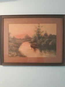 22.5 x 17.5 Brown Wood boat on a  river Art  - Picture 1 of 6