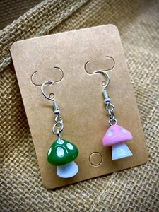 Mushroom Charm Style Novelty Personalised Handmade Earrings Pink / Green - Picture 1 of 1