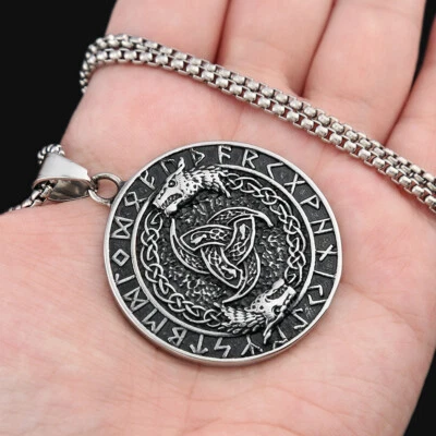 Vintage Round Mens Necklace Pendant Horn of Odin Pendant Viking Punk Jewelry 24" - Image 1 of 4