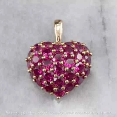 3Ct Round Cut Created Ruby Cluster Heart Pendant Necklace 14K Yellow Gold Plated - Image 1 of 4