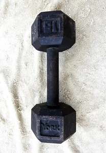 VINTAGE GENUINE - YORK 15 POUND BLACK CAST IRON HEX HEAD DUMBELL - Picture 1 of 4