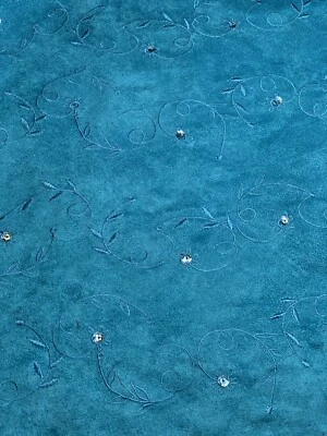 Vintage Teal Faux Suede Cloth Embroidered Sequin Fabric Yard - Image 1 of 4