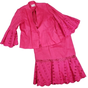 Elizeh Skirt Set Embroidered Bell Sleeve Blazer Size 14 Pink Eyelet Boho Chic - Picture 1 of 16
