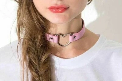 Nuevo Collar Gargantilla Imitación Vegano Cuero Rosa Metal Corazón Punk Gótico Bondage Rock Foto 1 de 2