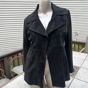 Y2K Express Suede Leather Coat Jacket Double Breasted Green Women's S /M 90's - Picture 1 of 7