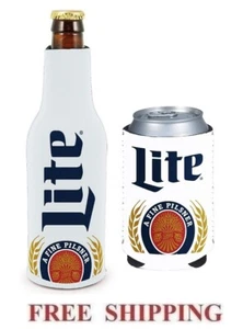 MILLER LITE 1 BEER BOTTLE KOOZIE + CAN HUGGIE COOLIE COOZIE COOLER WHITE NEW - Picture 1 of 2
