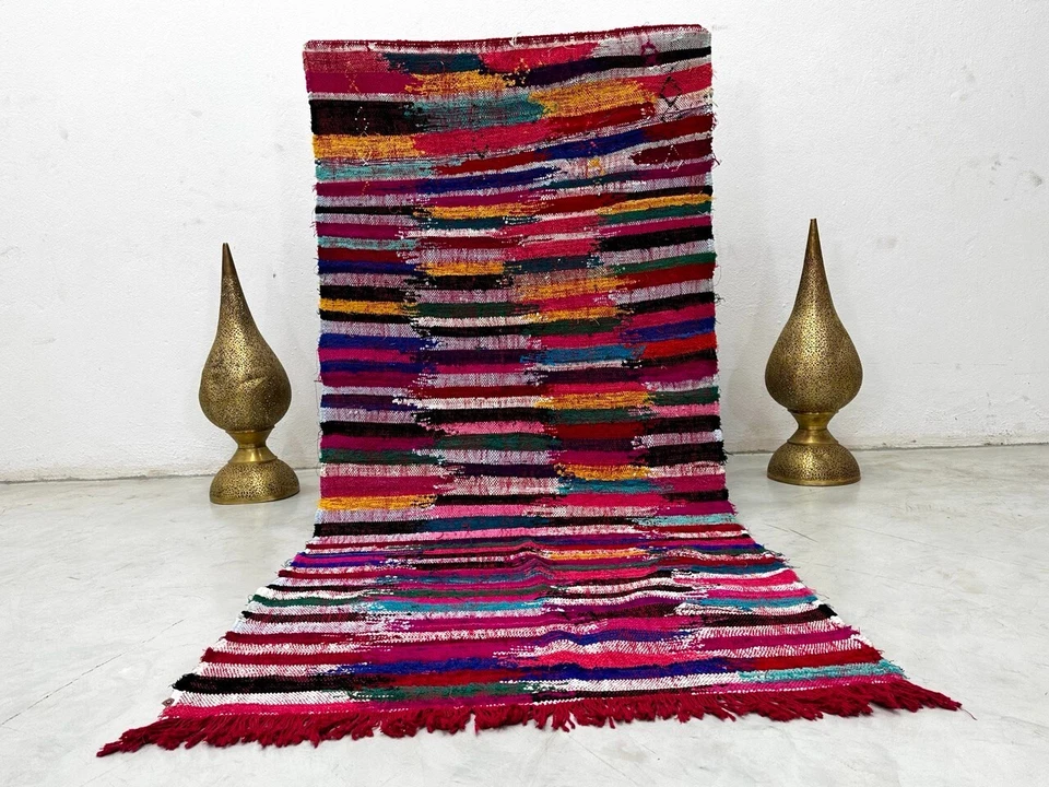 Vintage Moroccan handmade 3'4"x7'3"Berber Red Colorful Boucharouit Runner - Image 1 of 4