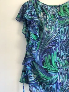 Women's Ladies “Wallis” Non Crease Printed Frilly Blue/Green Top Blouse Size 10 - Picture 1 of 11
