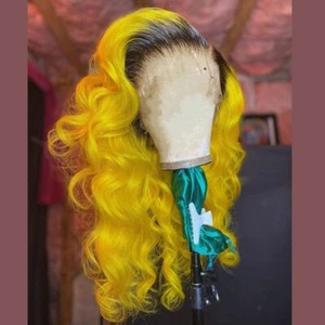 Long wave Yellow Brazilian 100% Human Hair Wig T Part Lace Front Wig Christmas - Picture 1 of 7