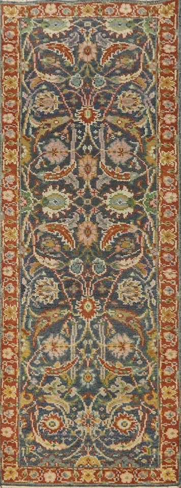 Handmade Gray Wool Carpet Transitional Oriental Floral Oushak Runner Rug 3x8 Ft - Image 1 of 4
