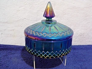 Vintage Indiana Glass Princess Blue Carnival Iridescent Candy Dish Bowl w/Lid - Picture 1 of 3