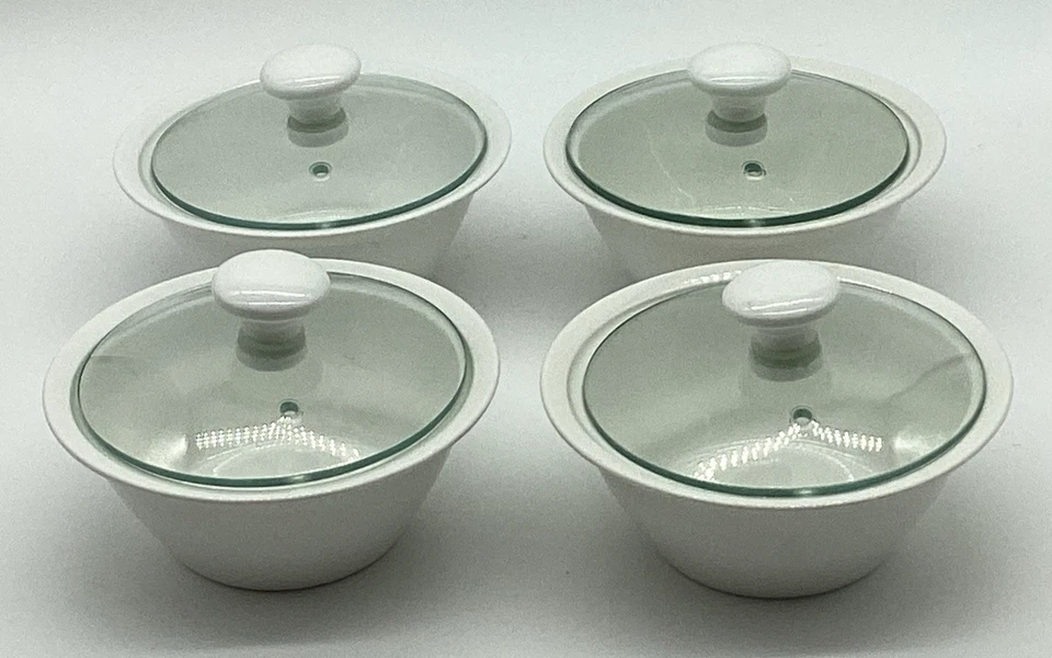 Set Of 4 Maxwell & Williams White Basics Rice Bowls With Glass Lid 14cm Wide - Image 1 of 4