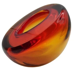 Murano Art Glass Geode Tilted Bowl Amber Red Italian Oval MCM Green Glow - Picture 1 of 13