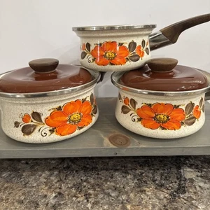 Vtg Sanko Ware Japan Show Pans 5 Pc Set Enamel Cookware Orange Poppy - Picture 1 of 18