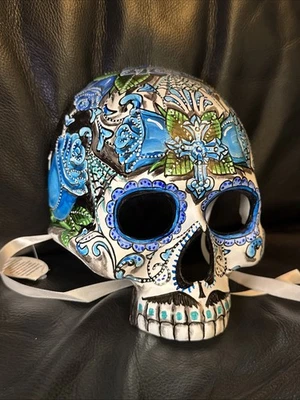 Half Skull Blue Day of the Dead Mask Dia de los Muertos Masquerade Hand Painted - Image 1 of 4