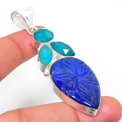 Pendente In Argento Sterling 925 Con Giada Verde Simulata Blu 2.56" - Immagine 1 di 4