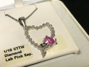 LAB PINK SAPPHIRE 1/10 CT TW Diamond Pendant Necklace .925 Sterling Silver NEW - Picture 1 of 6