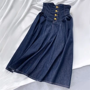 Abito donna gonna midi denim linea A elastico vita alta coulisse plissettato - Foto 1 di 16