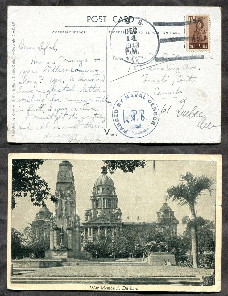 USA 1943 US Navy WW2 CENSORED Postcard. South Africa to Toronto Canada  - Image 1 of 3