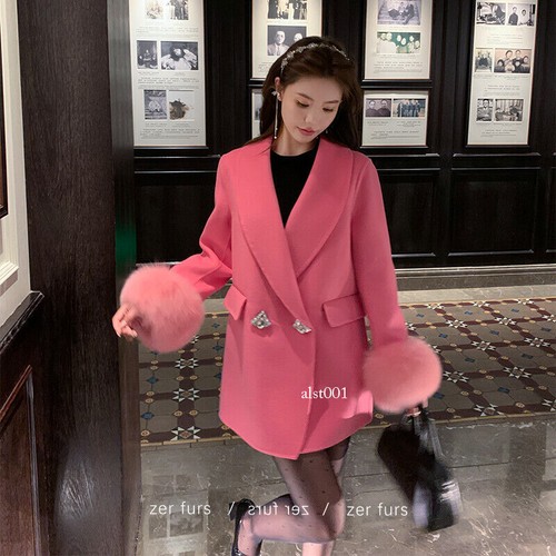 OFF WHITE Cappotto donna lungo lana trench lana lana lungo con polsini pelliccia di volpe lusso double face