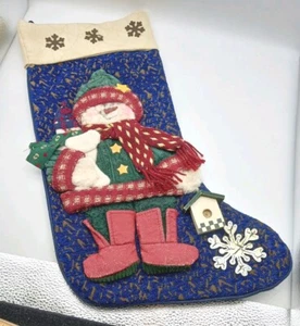 Vintage 3D Weihnachten Schneemann Strumpf Mixed Media Applikation Stoff Strick Holz blau rot - Bild 1 von 15
