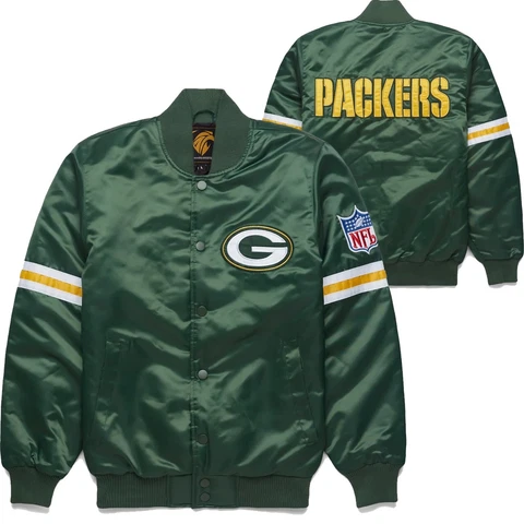 NFL Green Bay Packers Green Satin Varsity Jacket full-snap Free Shipping Cover