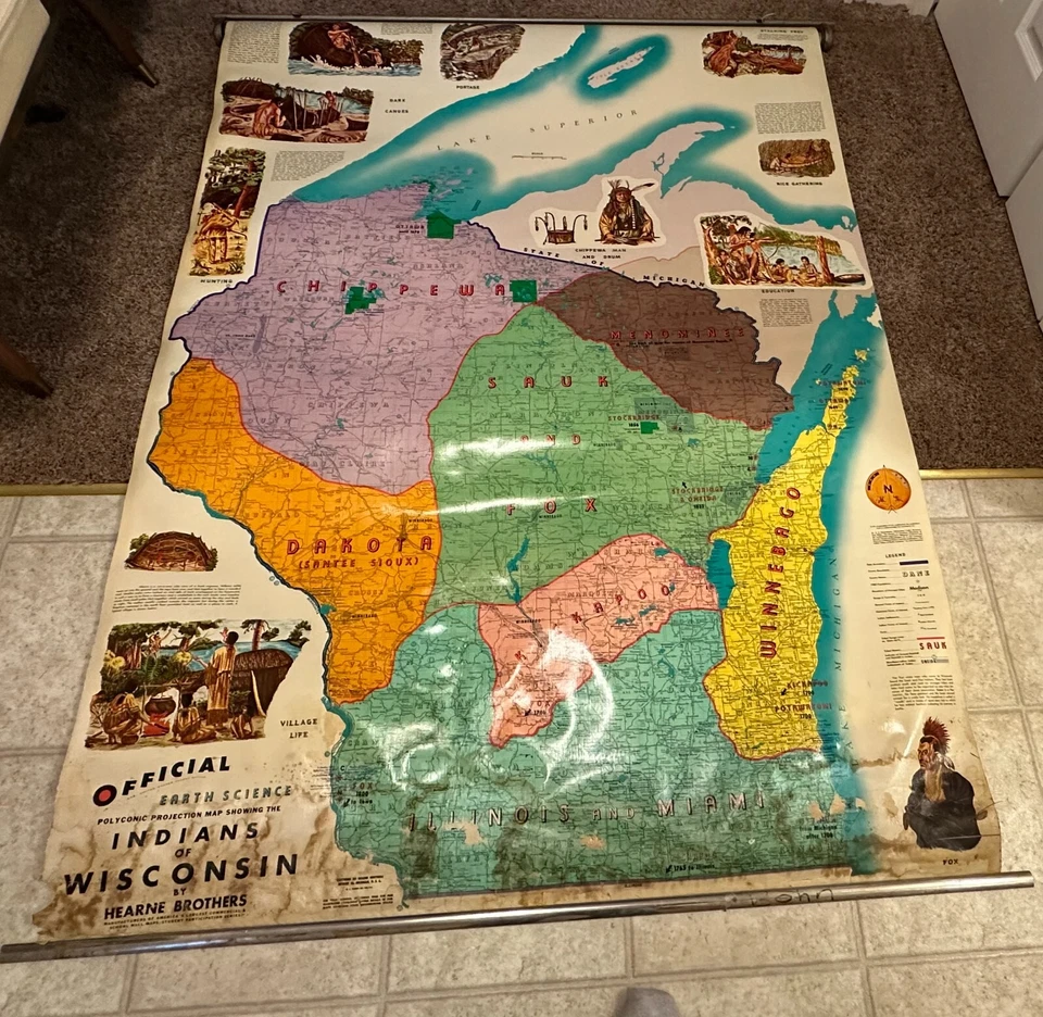 Винтажная выдвижная школьная карта Hearne Brothers индейцы Висконсина 1940 - 1950-е - Изображение 1 из 4