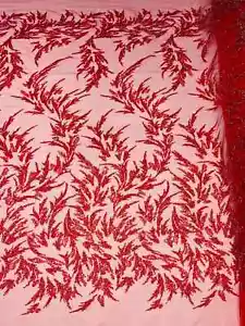 Leaf Plant Cluster Fabric - Red - Beaded Embroidered Design Fabric By Yard - Picture 1 of 4