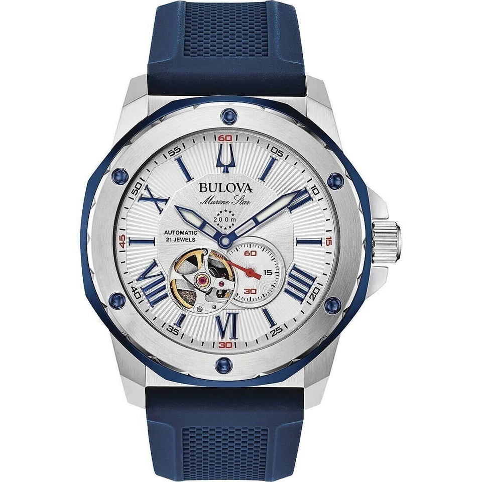 Bulova Marine Star 45mm Silver Stainless Steel Case with Blue/Red Silicone Strap Men's Wristwatch