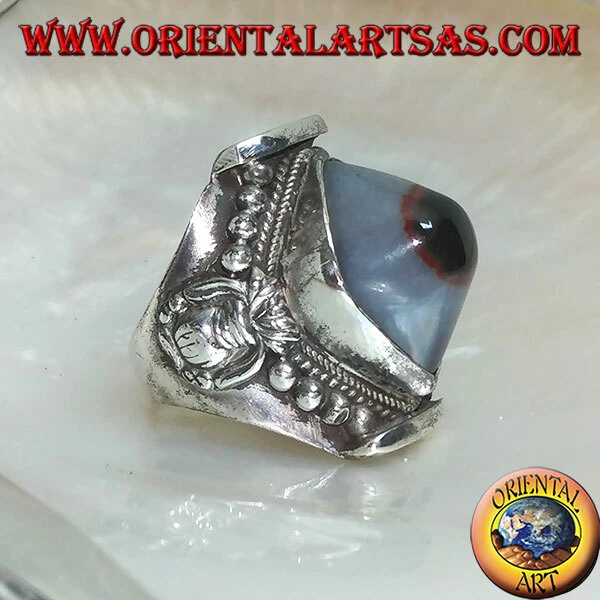 Anello Argento 925‰ agata occhio di Shiva ovale bicolore su montatura nepalese - Immagine 1 di 1