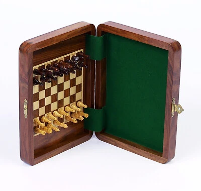Inlaid Wooden Continuous Magnetic Folding Box Chess Board Chessmen Set  2 Queens - Image 1 of 3