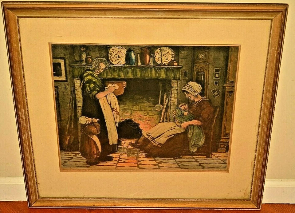 Pintura ilustración retrato familiar casa firmada original vintage de Paul Gilbert Foto 1 de 4