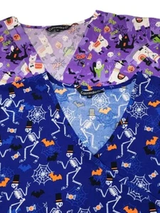 Cassandra O Halloween Skeletons Nurses Scrub Top Size 2X Blue Purple V-neck - Picture 1 of 13