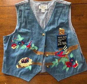 Vintage Westbound Vest Denim Gingham Large Embroidered Birds - Picture 1 of 8