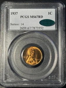 PCGS MS67 RD 1937 Lincoln Wheat Cent Green CAC Sticker Red - Picture 1 of 8