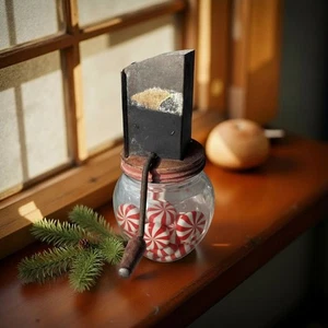 Vintage Nut Meat Chopper Jar – Hand-Crank Tin Hopper on Hazel-Atlas Glass 1930s– - Picture 1 of 10