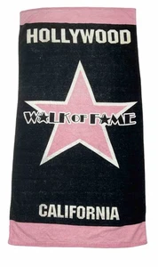 VINTAGE 1980s HOLLYWOOD WALK OF FAME BLACK PINK BEACH TOWEL TERRY - Picture 1 of 6